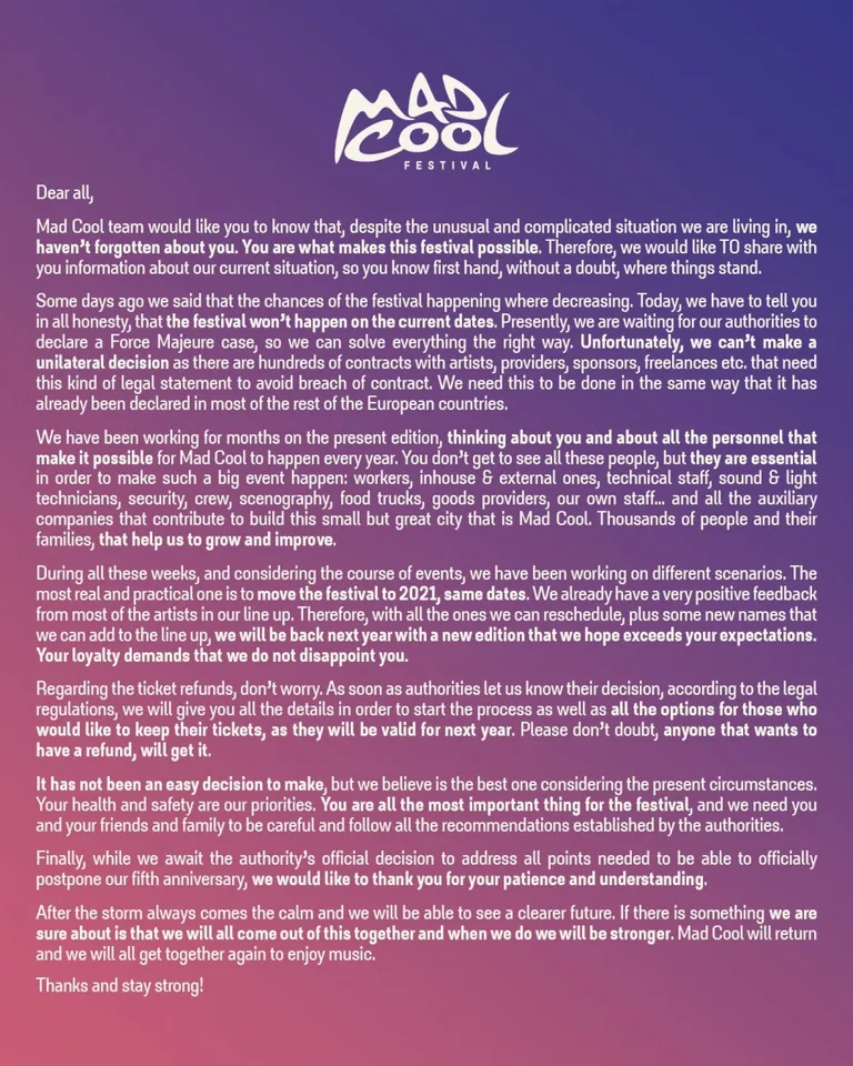 Mad Cool "won't happen on the current dates" due to the outbreak of COVID-19